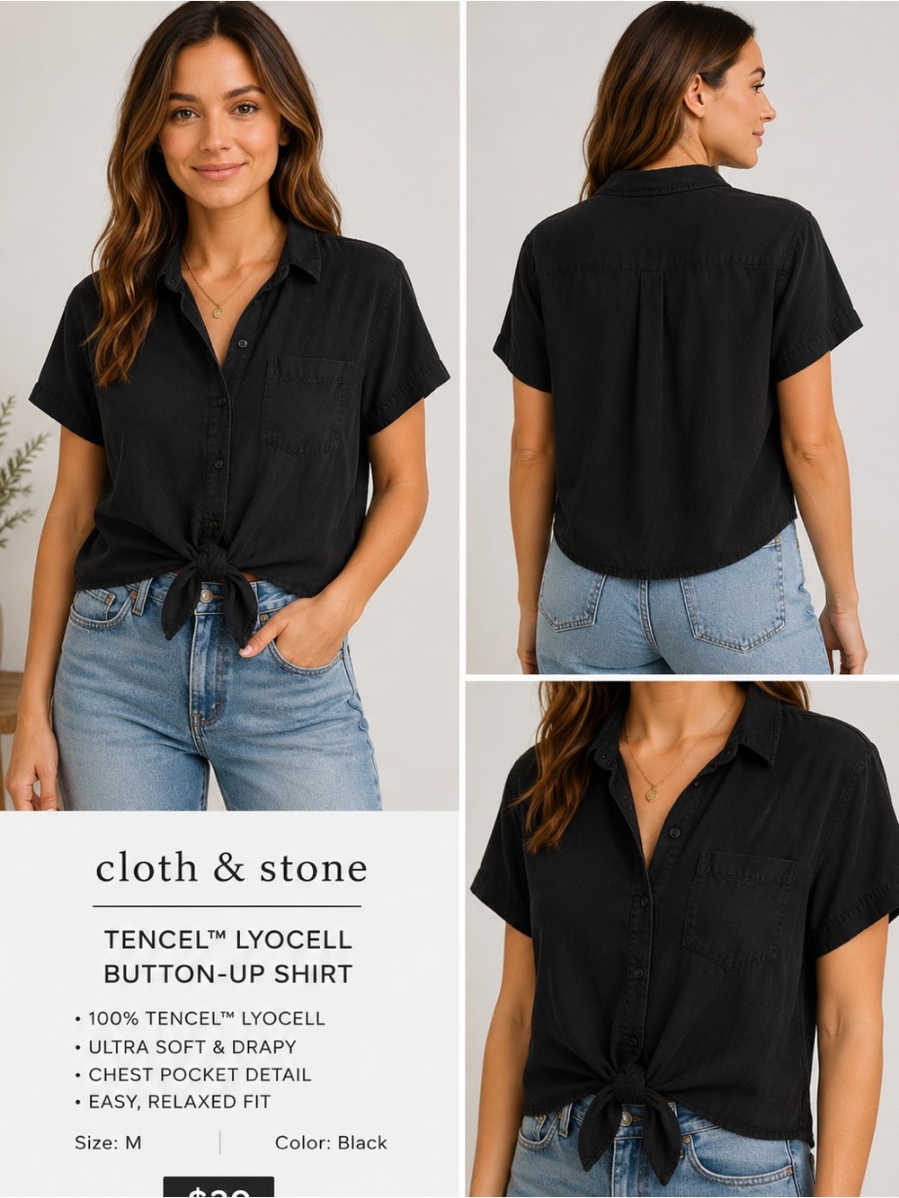 cloth & stone Black Short-Sleeve Button-Front Tie-Hem Shirt